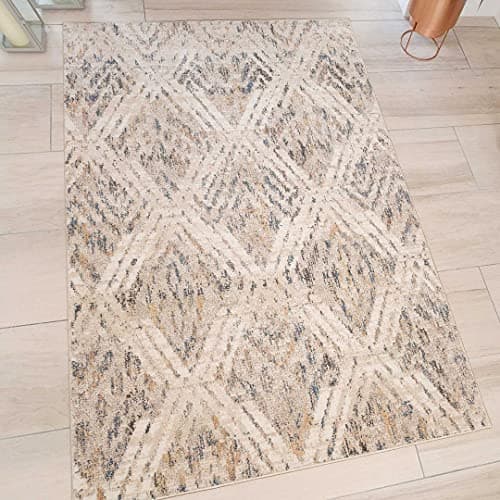 Image of Designer Wool Like Grey Beige Duck Egg Thick Polyester Carpet Rug Diamond Aztec Blue Cream Lounge Living Room Bedroom Hallway Mat Area Rugs 160cm x 230cm
