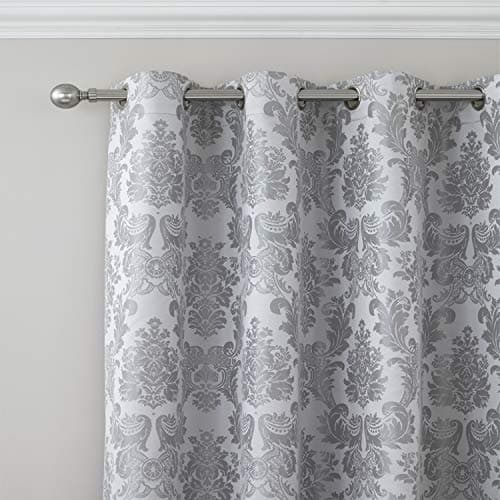 Image of Catherine Lansfield Damask Jacquard 66x72 Inch Lined Eyelet Curtains Two Panels Silver Grey