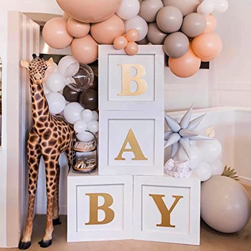 Image of QIFU Baby Shower Boxes Decorations for Boys Girls, 4pcs Stereoscopic Baby Balloon Boxes Blocks with 30 Letters, BABY+A-Z for Babyshower, Gender Reveal, First 1st Birthday Party Backdrop Decorations