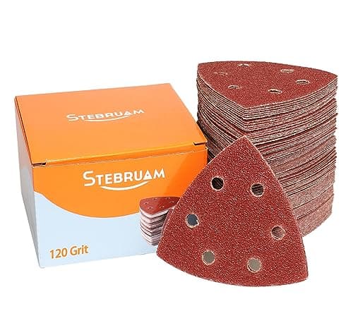 Image of STEBRUAM Delta-Triangle Sanding Sheets,Sanding discs 65 Pieces Detail Sander Pads 6 Holes Triangle Sandpaper 120 Grits Triangle Sanding Pads 93 x 93 x 93 mm Sander Sheets