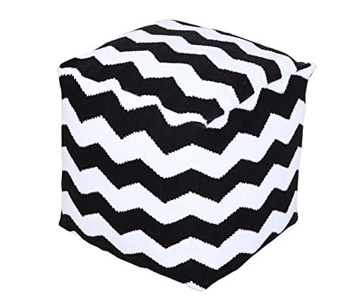 Image of HOMESCAPES Black and White Square Cube Pouffe Chevron Style with Filling - 40x40x40 cm