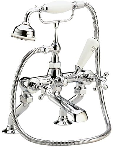 Image of Hudson Reed BC304HX Topaz Traditional Bathroom Deck Mounted Bath Mixer with Shower Kit, Crosshead Handles and Hexagonal Collars, 320mm x 350mm, Chrome/White, Tap, Set of 5 Pieces