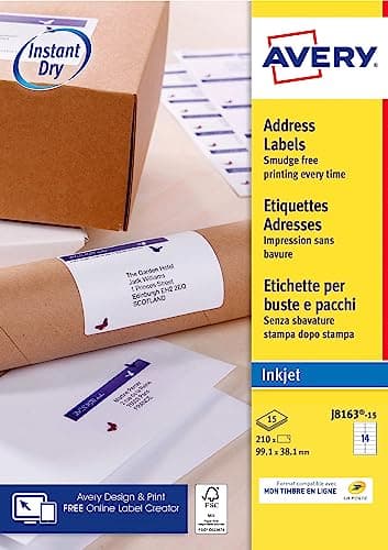 Image of Avery J8163-15 Self-Adhesive Labels White 210 Pieces 99.1 x 38.1 mm – A4 Sheet, Inkjet Printer, Compact Size, FSC Paper, Compatible with My Online Stamp