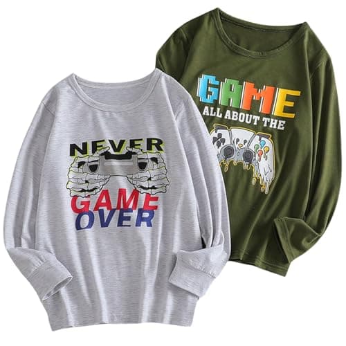 Image of Xumplo Boys 2-Pack Long Sleeve T-Shirt Kids Game Shirts Teens Crew Neck Letter Print Tee Childrens Casual Tops (White/Green) 12-13 Years