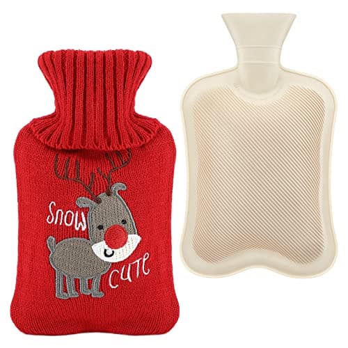 Image of 1L Hot Water Bottle with Christmas Knitted Cover - Natural Rubber Hot Water Bag for Hot & Cold Compress, Leakproof Hot Water Bottle for Keeping Hand Feet Warm - Great Gift for Kids Adults in Winter