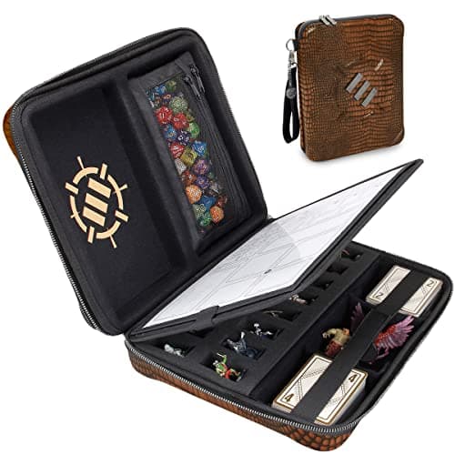 Image of ENHANCE Collector's Edition RPG Organizer Case - DnD Binder with Built-in Character Sheet Holder and Erasable Scribe Panel, Dice Rolling Area, Removable Pen Pouch, Miniature Foam Tray (Dragon Brown)