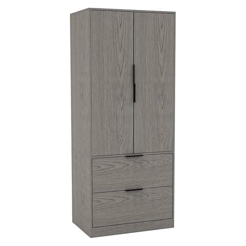 Image of URBNLIVING 2 Door 2 Drawer Minimalist Bedroom Cedar Grey Wardrobe Storage & Hanging Rail Modern Furniture with Clothes Shelf for Home Organiser Unit 179cm H x 74cm W x 50cm D