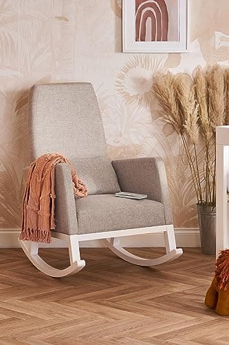 Image of Obaby High Back Rocking Chair – Stone Fabric Upholstered Nursery & Living Room Rocker with Padded Seat and Solid Wooden Legs