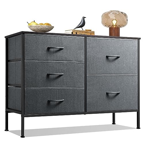 Image of WLIVE Chest of Drawers, 5 Fabric Drawers Cabinet with Easy Pull Handle, Wood Top and Sturdy Steel Frame, Fabric Drawers Storage Unit for Bedroom, Living Room, Grey