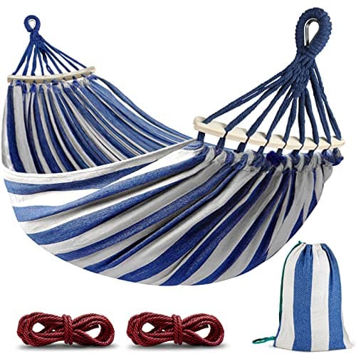 Image of MOSFiATA 275x155cm Hammock with Spreader Bars, Camping Hammock Outdoor, with Thickened Durable Canvas Fabric and Sturdy Metal Knot, 550 lb Load Capacity, for Backyard, Garden, （Blue White)