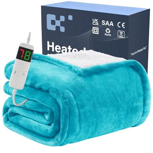 Image of BOMOVA Electric Heated Blanket Single Throw (130x160cm,Teal)-Flannels Fleece Winter Warm Blanket,10-Level Heating & 5 Auto Timer,Cozy Sofa Throw for Home Office,Xmas House Warming New Home Gifts