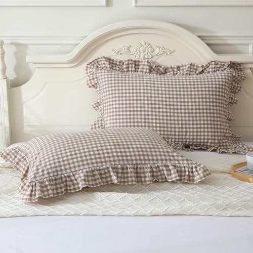 Image of Mywinlle Taupe/White Plaid Ruffle Pillowcases Farmhouse Standard Size Pillow Shams 20"x26",Shabby Checkered Gingham Washed Cotton Pillow Covers Set of 2