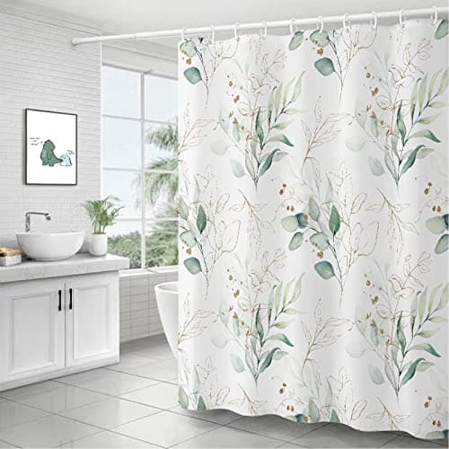 Image of BANLMEYD Shower Curtain Mould Proof Resistant Waterproof Green Leaf Bathroom Curtains with 12 hooks Quick-Drying Weighted 180x180cm (71x71Inch) Polyester Shower Curtains for Bathroom Wet Room Tub