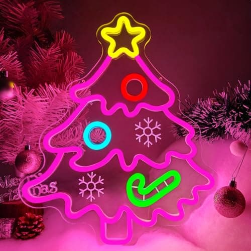 Image of Christmas Neon Sign Pink Christmas Tree Neon Sign for Wall Decor Xmas Tree Led Sign with Candy Xmas Pink Tree Neon Light Up Signs for Bedroom Window Holiday Door Xmas Party Home Decoration Winter
