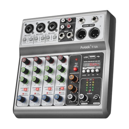 Image of Aveek 5-Channel Audio Mixer, Sound Board Mixing Console with USB Bluetooth Reverb Delay Effect, Input 48V Phantom Power Stereo DJ Mixers for Recording,Live Streaming,Podcasting,Karaoke