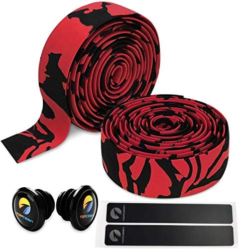 Image of TOPCABIN 2 Rolls Bicycle Handlebar Tapes Camouflage Series Comfort GEL Road Bike Handlebar Tape Bike Bar Tape with Reflective Bar Plugs ((a pair) Red)