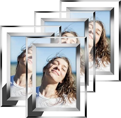 Image of Photo Frame 7x5 Silver Mirrored Picture Frames 4 PACK Glass Photo Frames 5x7 Inches Portrait Picture Landscape Frames Gifts Photograph Desktop Display