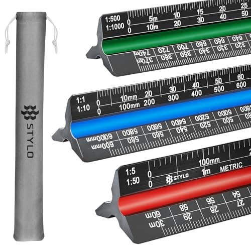 Image of Aluminum Architect Scale - 30cm Laser Etched Triangle Drafting Ruler with Colour Coded Grooves for Blueprint, Drafting - Architectural Scale (Black, Metric Units)