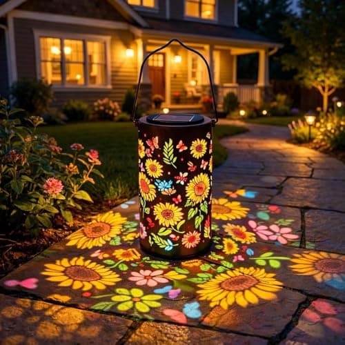 Image of Colourful Sunflower Glow Solar Garden Lantern, Waterproof Metal Hanging Solar Lights Outdoor Garden Ornaments, Unique Birthday Gardening Gifts for Women Mum, Patio & Yard Decor (Warm Colors)