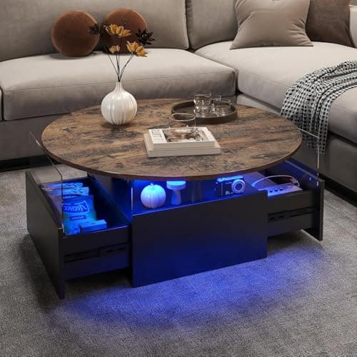 Image of KEEPREAPER Round Coffee Table for Living Room, LED Modern Living Room Table with Storage, Square Acrylic Coffee Tables with 2 Sliding Drawers, Center Table for Reception Dinning Room, Rustic