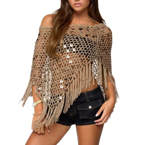 Image of Womens Crochet Off-Shoulder Cover-Ups Sexy Fringe Sequins Hollow Out Batwing Sleeve Pullover Tops Beach Party Outfit (Brown, ONE SIZE)