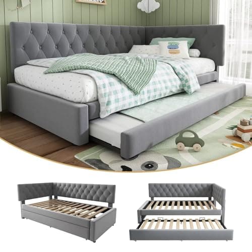 Image of DRIXNO L-Shaped Velvet Daybed with Pull Out Trundle, 3FT Single Bed Frame 90x190cm, Grey Tufted Sofa Bed with Reversible Headboard, Modern Guest Bed for Kids Adults (Mattress Not Included)
