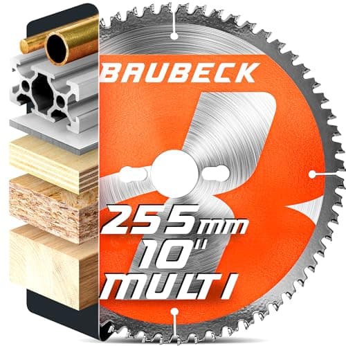 Image of BAUBECK Circular saw blade 255mm x 25.4mm / 1inch - x100T for fine finish in Wood, Metal with 20/16mm bore rings - Compatible with Evolution R255 Dewalt Festool 255 mm circular saw blade