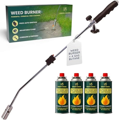 Image of GREEN HAVEN Weed Burner Torch with 4 Butane Gas Canisters – Powerful Weed Wand with Auto-Ignition & Adjustable Flame – Lightweight Garden Weed Burner & Flame Weeder for Patios, Paths & Driveways