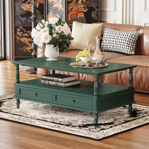 Image of HOLTICO Coffee Tables, Vintage Wooden Coffee Table with Storage, Open Display Area and Storage Drawers, Side Table for Living Room, Bedroom, Home Office, Green