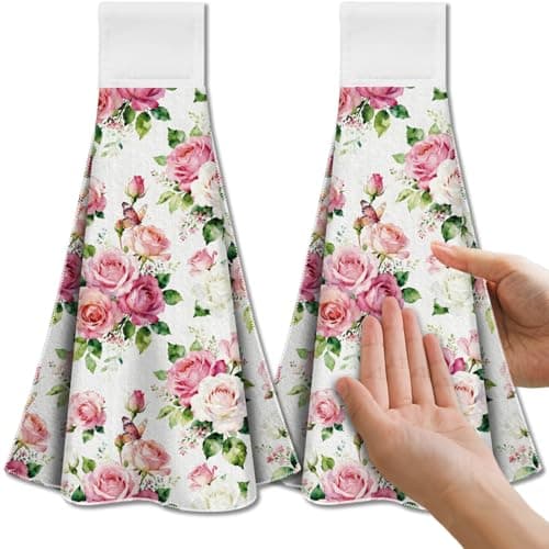 Image of CUTHOLLOW 2PCS Pink and White Roses Tea Towels for Kitchen with Loop, 31.5x43.5cm Soft Super Absorbent Microfiber Decorative Hanging Dish Towel, Tea, Coffee Towel for Kitchen Bathroom Oven Handle