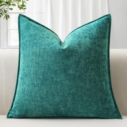 Image of Sungeek Soft Chenille Cushion Cover 50x50cm Square Decorative Throw Pillow Cover with Stitched Edge Solid Dyed Pillow Case Cover for Home Decor Couch Sofa Bed Living Room, Teal