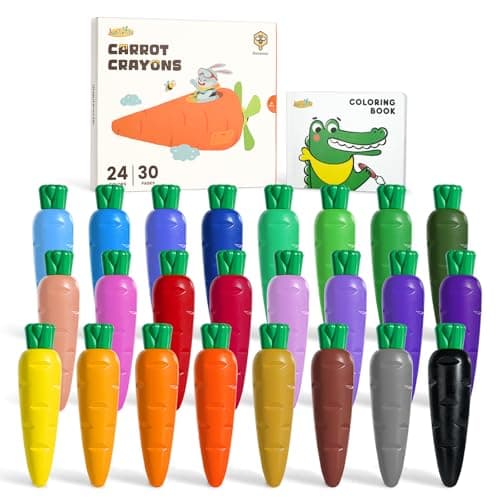 Image of JUPITEARTH 24 Colors Crayons for Toddlers 1-3, Non Toxic Beeswax Carrot-Shaped Toddler Crayons with 30-Page Coloring Book and 120 PDF Pages, Mess-Free Coloring for Kids Ages 2-4 4-8 Art Supplies Gift