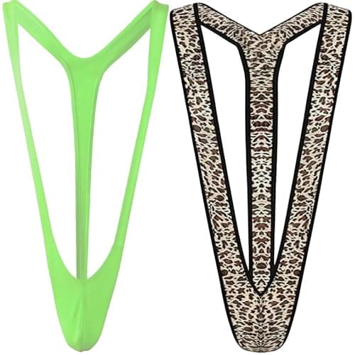 Image of Syylqyr 2 PCS Mankini for Men UK, Mens Underwear for the Bedroom Men's Swimwear (1 Leopard Print + 1 Green) Funny Prank Fancy Dress Costume Swimsuit Mens Holiday Essentials