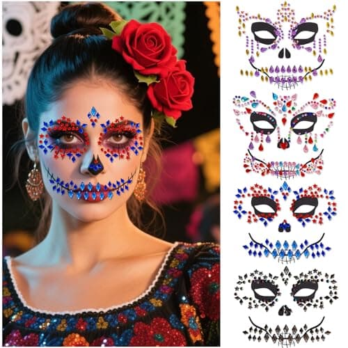 Image of Halloween Face Jewels Temporary Tattoos – 4 Pack Day of the Death Rhinestone Skull Face Gems – Crystal Eye Glitter Stickers for Halloween Makeup, Cosplay & Horror Party Supplies (4 PCS)