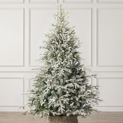 Image of Christow 6ft Snow Flocked Christmas Tree, Realistic Verbier Fir Artificial Christmas Tree with PE & PVC Tips, Hinged Branches, Easy to Assemble, Full Shape, Green Metal Stand, 150cm x 125cm