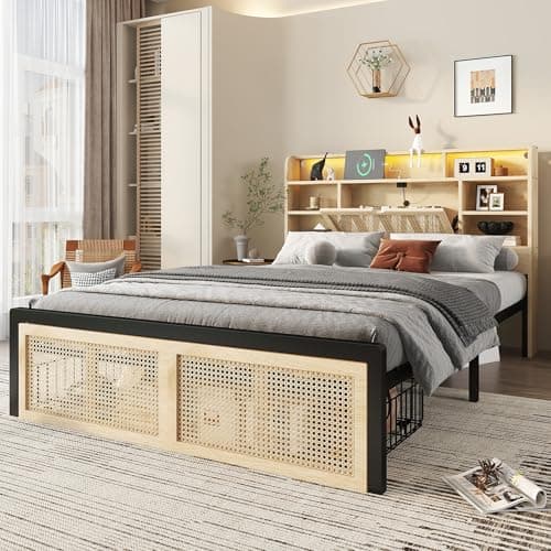 Image of BTM Wooden Double Bed with Charging Port, LED Strip Light and PE Rattan Style Drawers, Double Bed Frame with Storage Headboard, MDF+Iron, 135x190cm, No Mattress