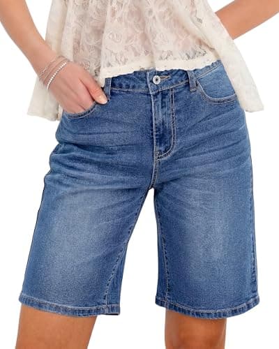 Image of Vetinee Women Shorts Stretch Denim Shorts Classic Blue Size Large Fits UK 16-18
