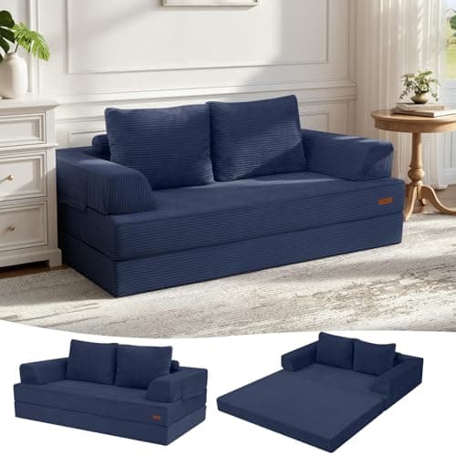 Image of MeMoreCool Convertible Sofa Bed, Folding Floor Boneless Couch with Corduroy Cover, Fold Out Sleeper Mattress with Pillows, Comfy Foam Lounge Loveseat for Living Room Bedroom Guest Room, Navy Blue