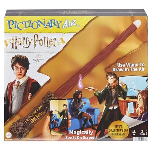Image of PICTIONARY AIR HARRY POTTER Family Drawing Game, Wand Pen, 112 Double-Sided Clue Cards with Picture Bonus Clues, Trunk Card Holder, Collector Package. Gift for for 8 Year Olds & Up, HDC59