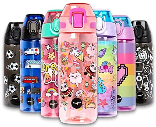 Image of Fringoo - 600ml Kids Water Bottle with Straw & Fliptop Lock - 100% Leakproof - BPA Free 600ml Kids Water Bottle for School - Animal Treats