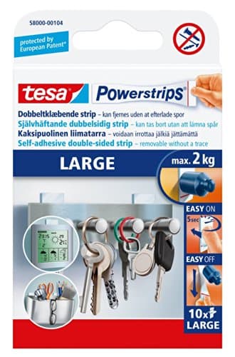 Image of tesa Powerstrips Large, Self-Adhesive Strips - Double-Sided Strips Suitable for Flat and Smooth Surfaces - Holds Objects up to 2 kg - Pack of 10 Powerstrips