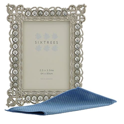 Image of Sixtrees Adelaide 2-501-23 Antique Vintage and Shabby Chic silver metal 2.5 x 3.5 inch photo frame with beads and crystals. Complete with microfibre polishing cloth