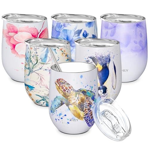 Image of THILY Wine Tumbler Stainless Steel Insulated Stemless Wine Glass with Lid and Straw, Cute Travel Cup Keep Cold for Coffee, Cocktails, Special Collection, Sea Turtle