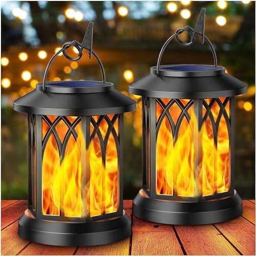 Image of KOOPER Solar Lights Outdoor Garden, 2 Pack Hanging Solar Lanterns with Realistic Flickering Flame LED, Waterproof Flame Effect Garden Ornaments Birthday Gifts for Women for Pathway Patio Decoration