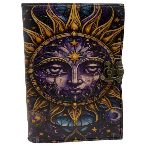 Image of Keskin Handmade Leather Grimoire Journal – Spell Book of Shadows for Witchcraft, Wicca, Witch Diary & Notebook – Vintage Blank Journal for Spells and Ritual Notes, 18 x 12 cm (Purple Sun)