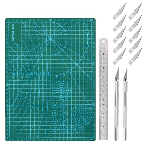 Image of MIPIACE A4 Double-Sided Cutting Mat Self-Healing Cutting Mat with Steel Ruler and 2 Knives for Crafts and 10 Replacement Blades for Scrapbooking Crafts DIY