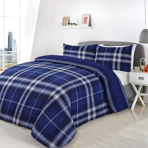 Image of Charlotte Andersen Navy Blue Grey Highland Tartan Check Single Duvet Cover, Reversible Easy Care Poly Cotton Bedding Set With Pillowcases (Blue, Single)