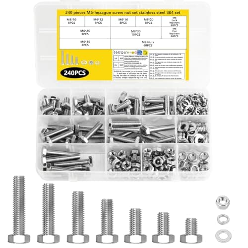 Image of 240 Pcs M6 Bolts and Nuts Set, Assorted Nuts and Bolts Assortment Kit, Stainless Steel Hex Head Bolt and Nut Set, Hex Head Screws and Spring & Flat Washers Sets, Hexagonal Machine Screws