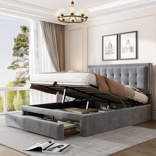 Image of Kayan Upholstered Super King Size Bed 180 x 200cm, Ottoman Storage Bed with Hydraulic Lever and Drawer, Large Storage Space, Velvet Fabric Ottoman Lift Up 6FT Super King Size Bed Frame, No Mattress