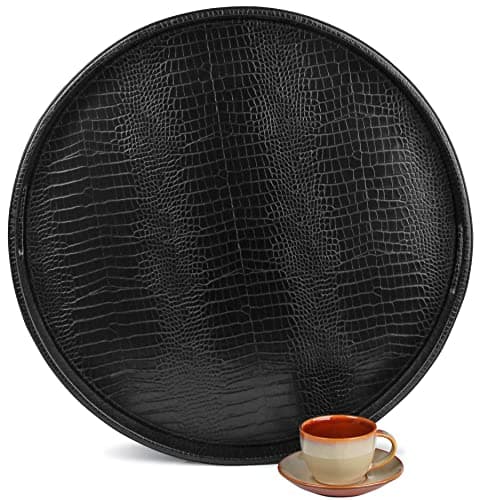 Image of HofferRuffer Extra Large Round Serving Tray, Elegant Faux Leather Circle Ottoman Table Tray with Handles, Serve Tea, Coffee or Breakfast in Bed, Diameter 23.6 x 2.4 inches Height (Black)